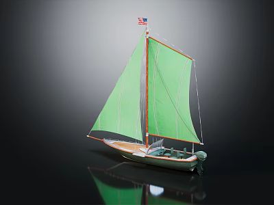 Wooden Sailboat With Green Sail Small Flag And Reflection On Black Surface 3d model
