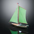Wooden Sailboat With Green Sail Small Flag And Reflection On Black Surface
