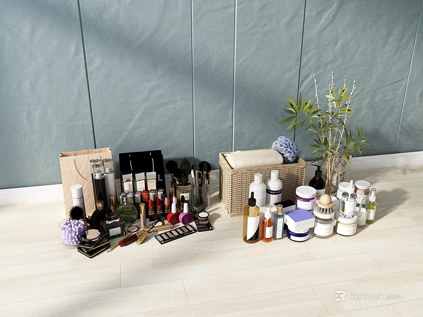 Organized Bathroom Cabinet Rack with Cosmetics Skincare Products Storage Basket and Green Plant 3d model 