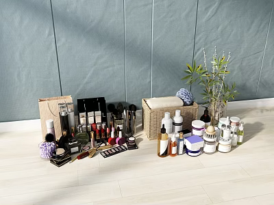 Organized Bathroom Cabinet Rack with Cosmetics Skincare Products Storage Basket and Green Plant 3d model