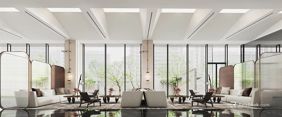 Spacious Modern Hotel Public Lounge With Natural Light And Greenery 3d model 
