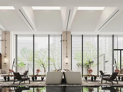 Spacious Modern Hotel Public Lounge With Natural Light And Greenery 3d model
