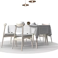 Modern Dining Table Set With Checkered Tablecloth Light Colored Chairs And Pendant Lights 3d model