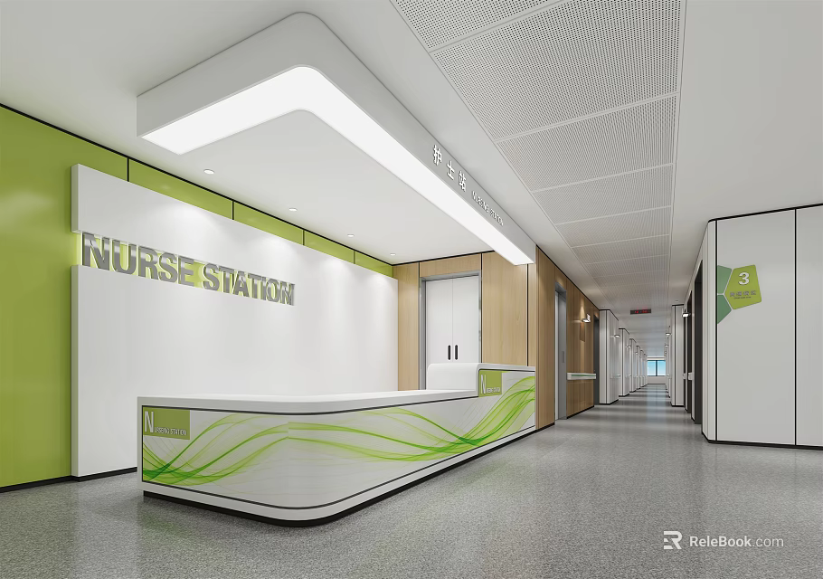 Hospital Outpatient Clinic Nurse Station With White Green Reception Desk And Hallway Interior 3d model 