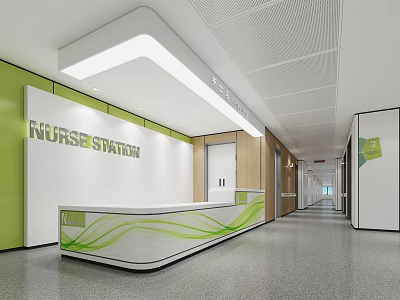 Hospital Outpatient Clinic Nurse Station With White Green Reception Desk And Hallway Interior 3d model
