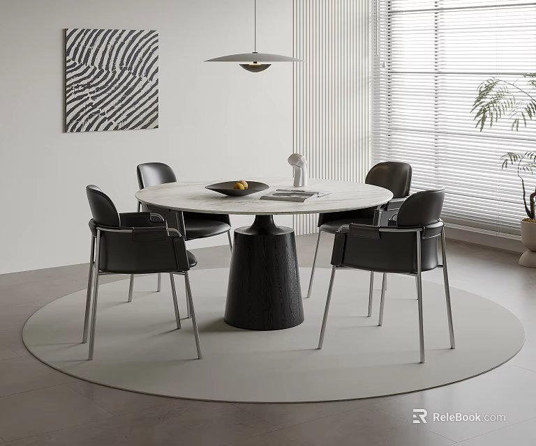 Modern Round Dining Table Set With Black Chairs Metal Legs And Abstract Wall Art 3d model 