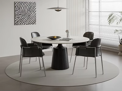 Modern Round Dining Table Set With Black Chairs Metal Legs And Abstract Wall Art 3d model