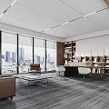 Spacious Modern Office Interior Design With Large Windows City View Desk And Bookshelves