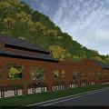 Wooden Pergola Structure With Covered Roof Green Hills And Benches Near Road
