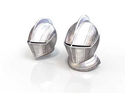 Two Silver Medieval Knight Helmets As Vintage Metal Weaponry Gear With Intricate Texture 3d model