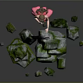 Female Character Standing In Pink Dress With Large Sword By Mossy Rocks