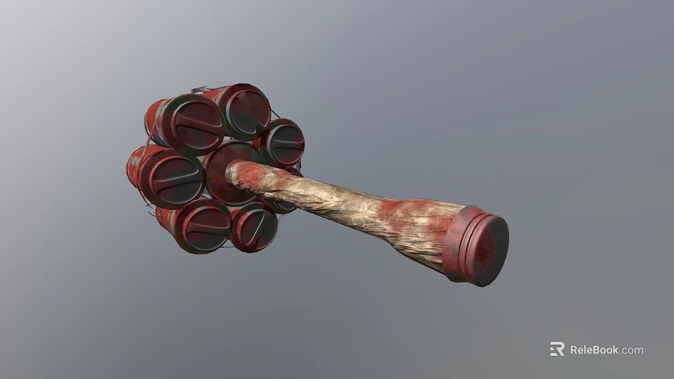 Weapon Hammer With Multiple Red Barrel Shaped Heads And Worn Wooden Handle 3d model 