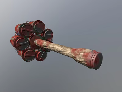 Weapon Hammer With Multiple Red Barrel Shaped Heads And Worn Wooden Handle 3d model