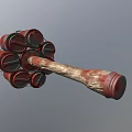 Weapon Hammer With Multiple Red Barrel Shaped Heads And Worn Wooden Handle