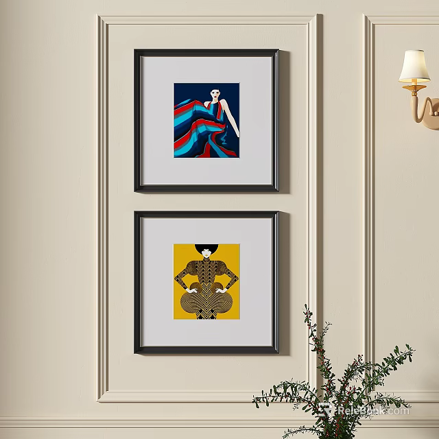 Framed Abstract Paintings On Wall With Colorful Figures And Geometric Patterns 3d model