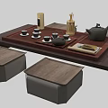 Traditional Wooden Tea Table with Matching Stools and Tea Set Accessories 3d model