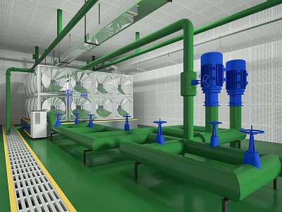 Industrial Facility With Green Pipelines Blue Pumps And Metal Grating Walkway 3d model
