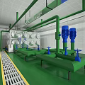 Industrial Facility With Green Pipelines Blue Pumps And Metal Grating Walkway