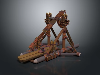 Medieval Wooden Catapult Weapon Structure With Ropes And War Design Elements 3d model