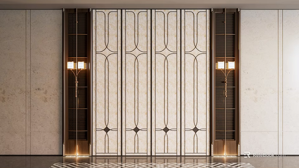 Elegant Modern Room Divider With Geometric Patterns Metal Frame And Glass Panels 3d model 