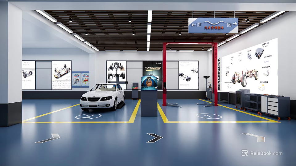 4S Shop Interior With White Car Red Lift Car Posters And Floor Guide Lines 3d model 