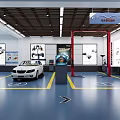 4S Shop Interior With White Car Red Lift Car Posters And Floor Guide Lines