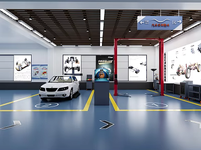 4S Shop Interior With White Car Red Lift Car Posters And Floor Guide Lines 3d model
