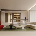 Modern Living Room With White Sofa Red Armchair Green Rug And Built In TV Wall