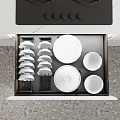 Modern Kitchen Interior With Open Drawer Neat Plates Bowls Black Gas Stove And White Cabinets