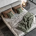 Modern Bedroom With Double Bed Upholstered Headboard Green Brown Pillows Throw Blanket Natural Light