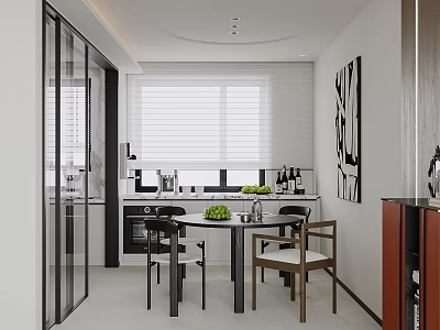 Modern Restaurant Interior With Dining Table Chairs Green Plants White Blinds And Wine Cabinet 3d model