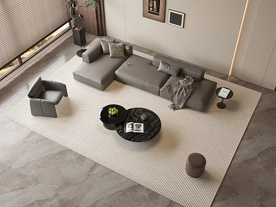 Modern Gray Sectional Sofa And Black Marble Coffee Table Set With Light Rug Accent Chair And Living Room 3d model