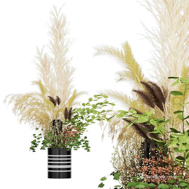 Elegant Vase With Pampas Grass Green Leaf Plants And Small Flowers Decor 3d model 