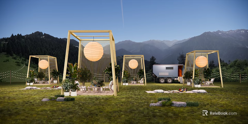 Scenic Mountain Camping Site With Wooden Pavilions Hanging Lanterns Green Grass And Trailer 3d model 
