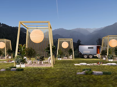 Scenic Mountain Camping Site With Wooden Pavilions Hanging Lanterns Green Grass And Trailer 3d model