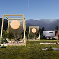 Scenic Mountain Camping Site With Wooden Pavilions Hanging Lanterns Green Grass And Trailer