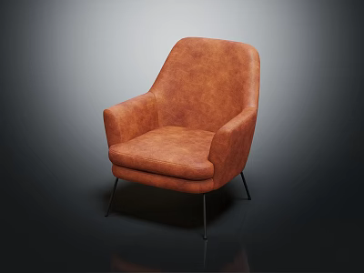 Modern Brown Leather Armchair With Curved Back And Metal Black Legs Design 3d model