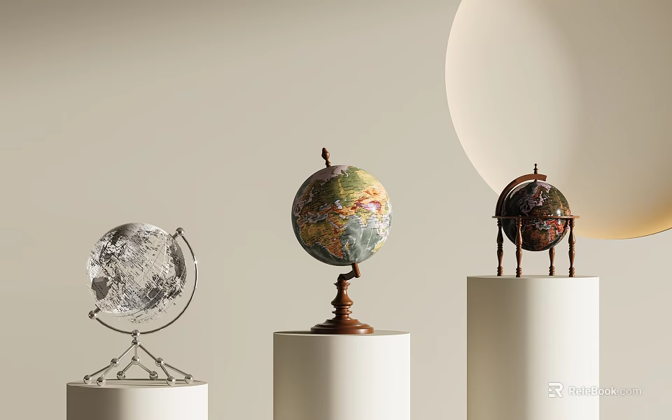 Colored And Silver Decorative Globes Displayed On White Cylindrical Pedestals With Wooden And Metal Stands 3d model 