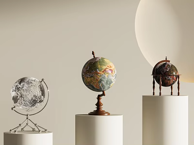 Colored And Silver Decorative Globes Displayed On White Cylindrical Pedestals With Wooden And Metal Stands 3d model