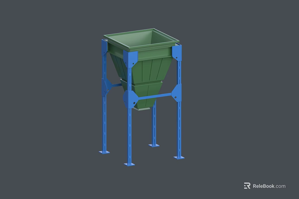 Green Industrial Hopper with Blue Support Frames and Stable Funnel Structure 3d model