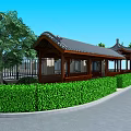 Traditional Chinese Pavilion With Grey Tile Roof Wooden Structure Green Bushes And Pink Flowering Tree