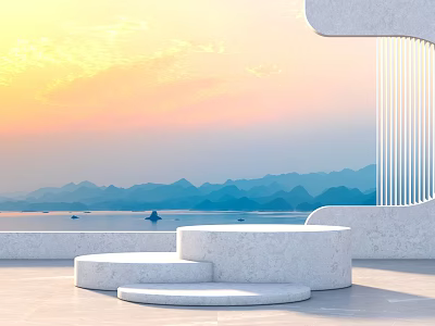 Modern Display Shelves In Open Kitchen With Island Counter And Appliances 3d model