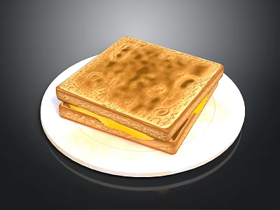 Golden Toasted Cheese Sandwich On White Round Plate 3d model