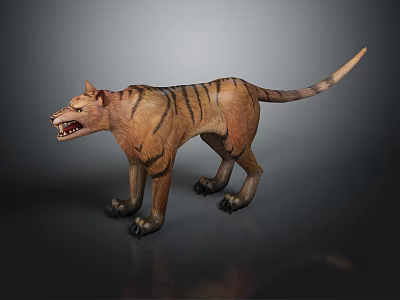 Realistic Striped Tiger Like Creature 3D Model in Standing Pose With Open Mouth Sharp Teeth 3d model