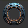 Futuristic Sci Fi Landscape With Blue Circular Device And Orange Glowing Rings
