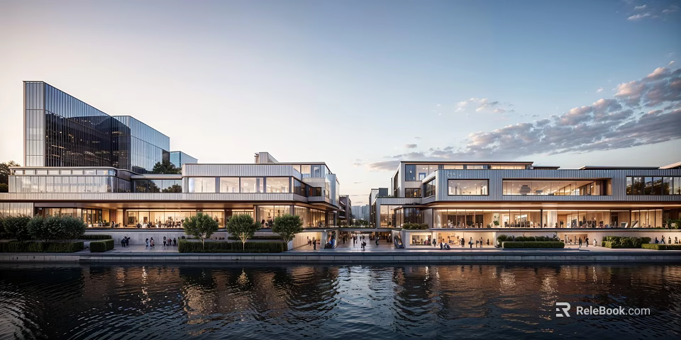 Contemporary Commercial Street Waterfront Design With Glass Facades Evening Lights And Pedestrians 3d model 