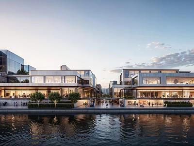 Contemporary Commercial Street Waterfront Design With Glass Facades Evening Lights And Pedestrians 3d model