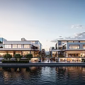 Contemporary Commercial Street Waterfront Design With Glass Facades Evening Lights And Pedestrians