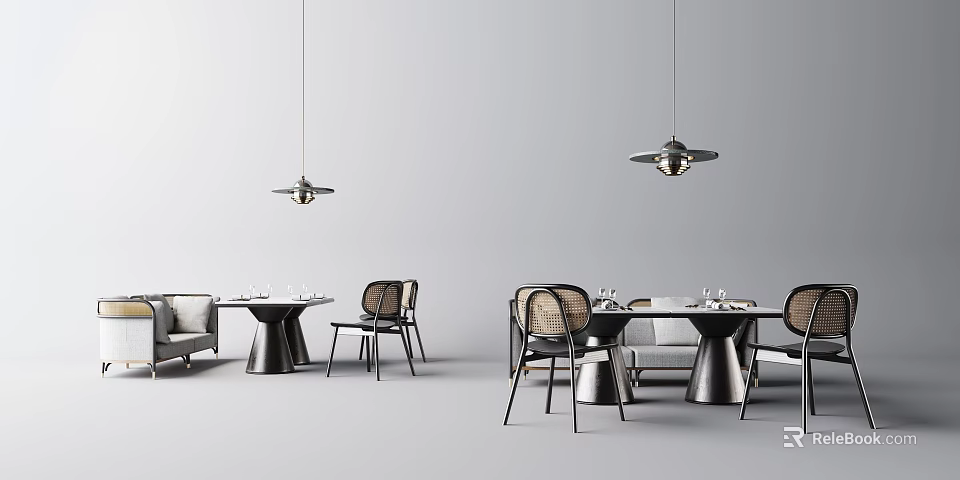 Elegant Modern Dining Table Set With Woven Chairs Pendant Lights And Sofa 3d model