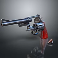 Classic Revolver With Black Barrel Red Grip And Bullets On Reflective Surface 3d model